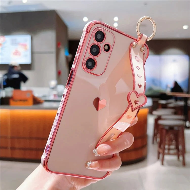 For Samsung Galaxy A15 4G / 5G Case Love Heart Pattern TPU Phone Cover Wristband Kickstand Holder
