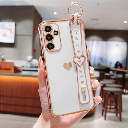 For Samsung Galaxy A15 4G / 5G Case Love Heart Pattern TPU Phone Cover Wristband Kickstand Holder