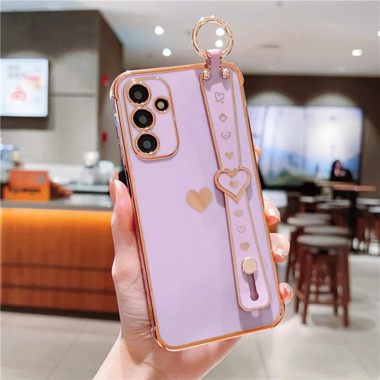 For Samsung Galaxy A15 4G / 5G Case Love Heart Pattern TPU Phone Cover Wristband Kickstand Holder