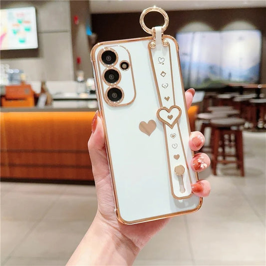 For Samsung Galaxy A54 5G Case Electroplating Love Heart TPU Phone Cover Wristband Ring Holder