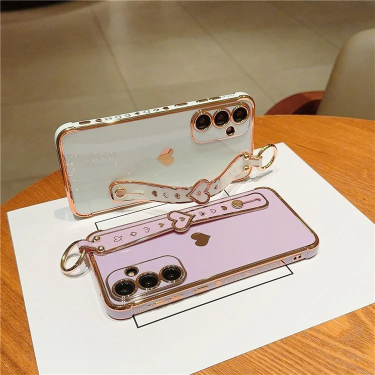 For Samsung Galaxy A54 5G Case Electroplating Love Heart TPU Phone Cover Wristband Ring Holder