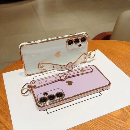 For Samsung Galaxy A54 5G Case Electroplating Love Heart TPU Phone Cover Wristband Ring Holder