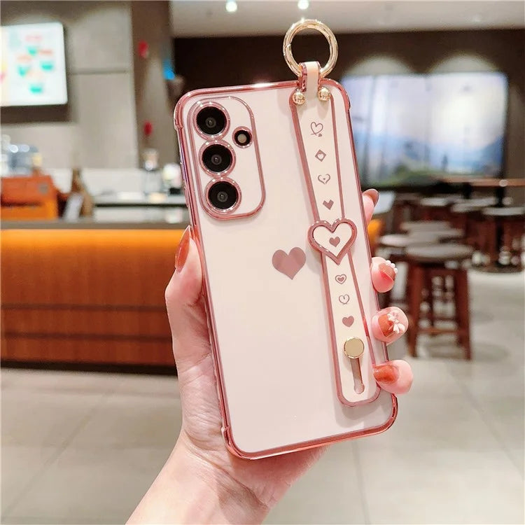 For Samsung Galaxy A54 5G Case Electroplating Love Heart TPU Phone Cover Wristband Ring Holder