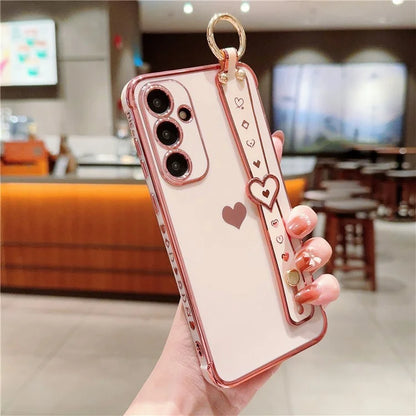 For Samsung Galaxy A54 5G Case Electroplating Love Heart TPU Phone Cover Wristband Ring Holder