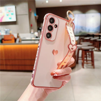 For Samsung Galaxy A54 5G Case Electroplating Love Heart TPU Phone Cover Wristband Ring Holder