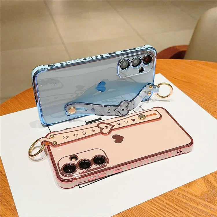 For Samsung Galaxy A54 5G Case Electroplating Love Heart TPU Phone Cover Wristband Ring Holder