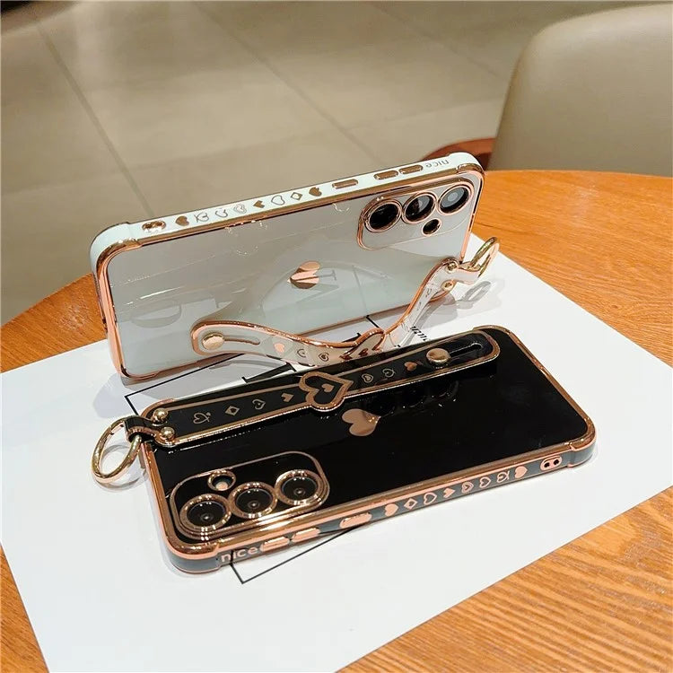 For Samsung Galaxy A54 5G Case Electroplating Love Heart TPU Phone Cover Wristband Ring Holder