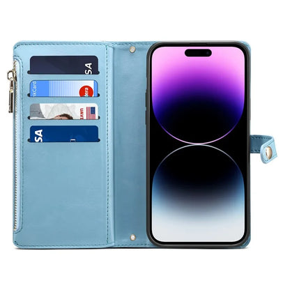 ESEBLE Galaxy Series For iPhone 16 Plus Case RFID Blocking Zipper Wallet Leather Phone Cover