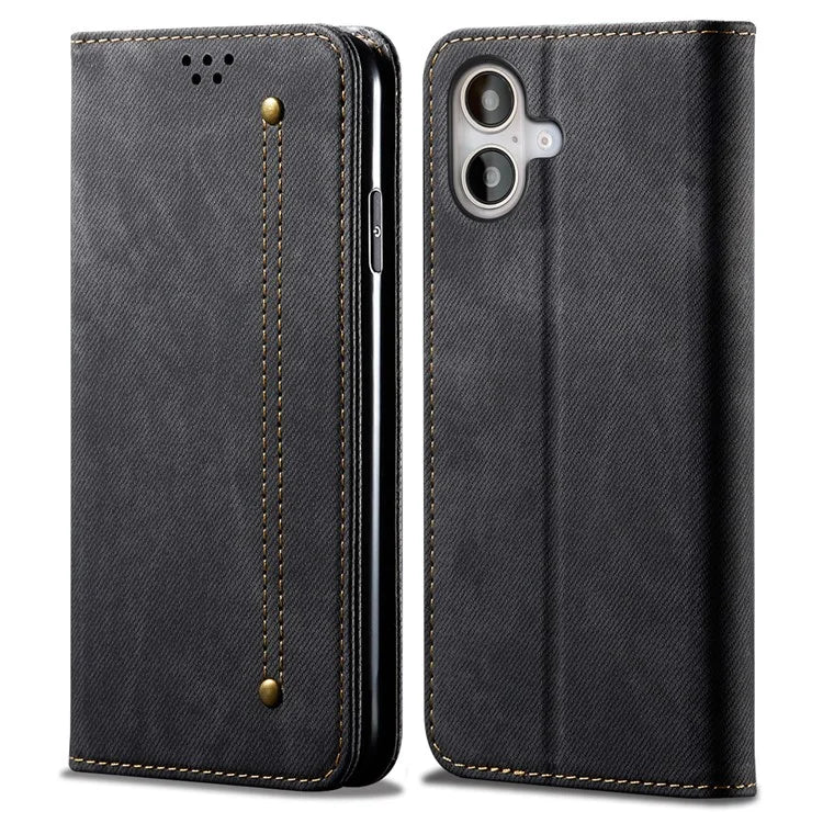 For iPhone 16 Plus Case Jeans Cloth Texture Anti-Scratch Leather Stand Phone Cover