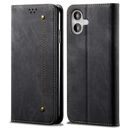 For iPhone 16 Plus Case Jeans Cloth Texture Anti-Scratch Leather Stand Phone Cover