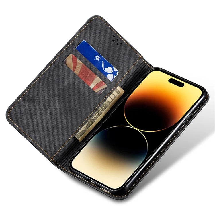 For iPhone 16 Plus Case Jeans Cloth Texture Anti-Scratch Leather Stand Phone Cover