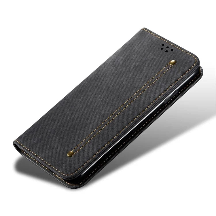 For iPhone 16 Plus Case Jeans Cloth Texture Anti-Scratch Leather Stand Phone Cover