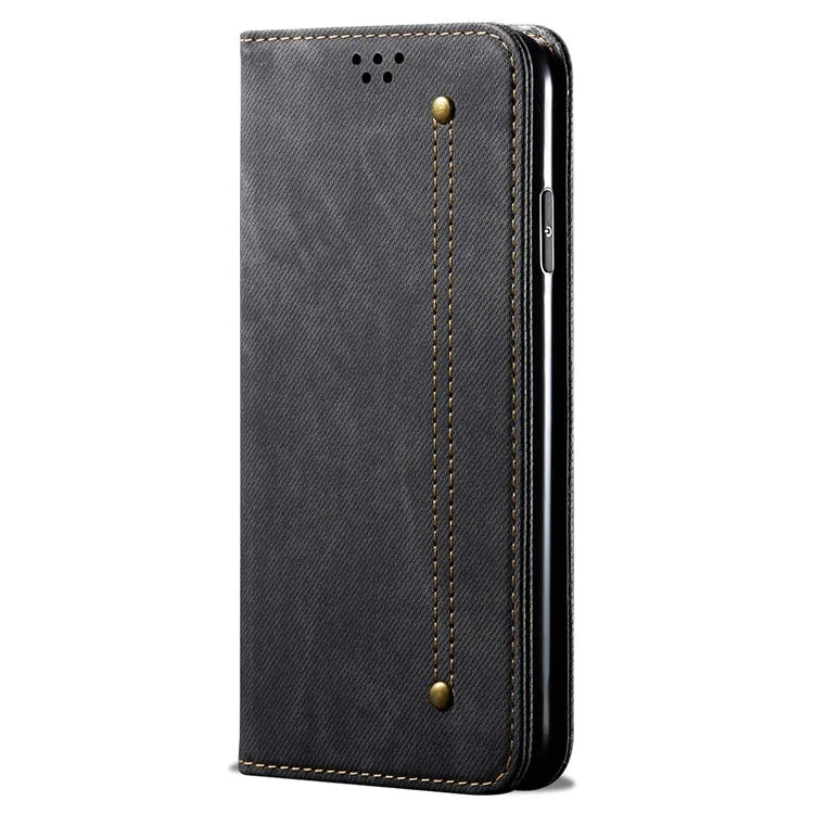 For iPhone 16 Plus Case Jeans Cloth Texture Anti-Scratch Leather Stand Phone Cover