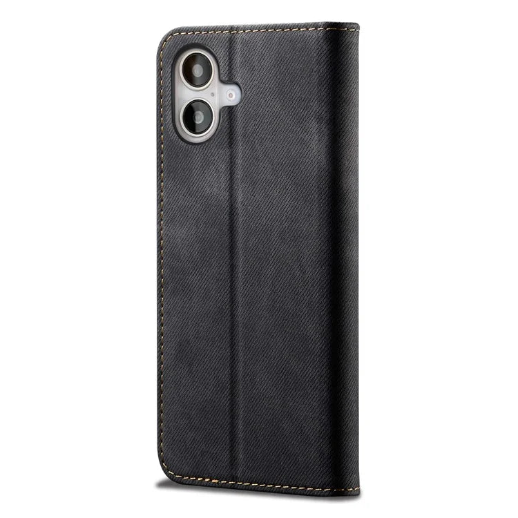 For iPhone 16 Plus Case Jeans Cloth Texture Anti-Scratch Leather Stand Phone Cover