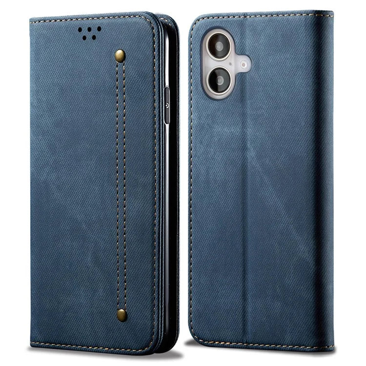 For iPhone 16 Plus Case Jeans Cloth Texture Anti-Scratch Leather Stand Phone Cover