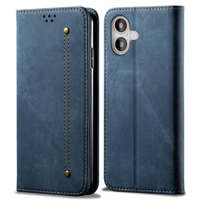 For iPhone 16 Plus Case Jeans Cloth Texture Anti-Scratch Leather Stand Phone Cover
