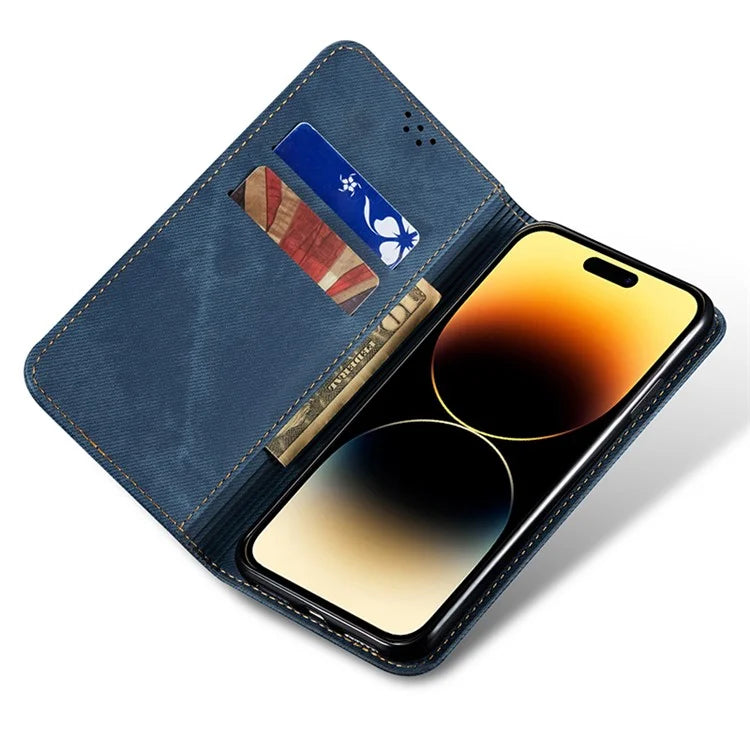 For iPhone 16 Plus Case Jeans Cloth Texture Anti-Scratch Leather Stand Phone Cover