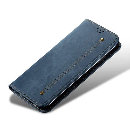For iPhone 16 Plus Case Jeans Cloth Texture Anti-Scratch Leather Stand Phone Cover