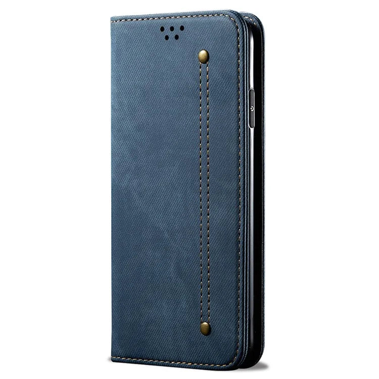For iPhone 16 Plus Case Jeans Cloth Texture Anti-Scratch Leather Stand Phone Cover