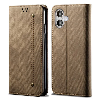 For iPhone 16 Plus Case Jeans Cloth Texture Anti-Scratch Leather Stand Phone Cover