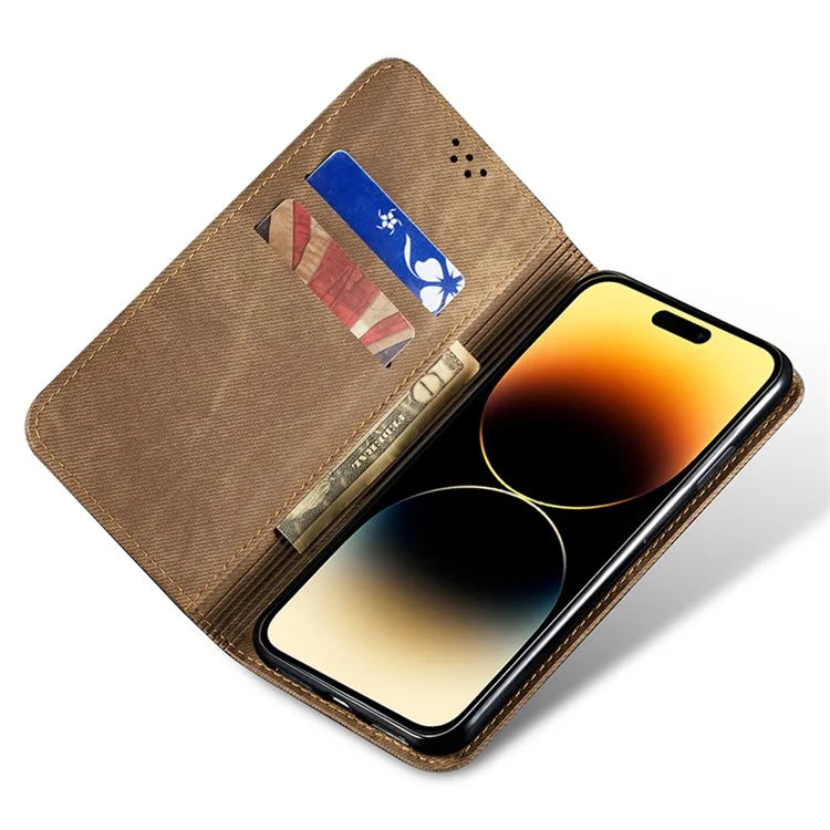 For iPhone 16 Plus Case Jeans Cloth Texture Anti-Scratch Leather Stand Phone Cover