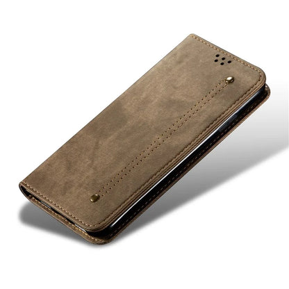 For iPhone 16 Plus Case Jeans Cloth Texture Anti-Scratch Leather Stand Phone Cover