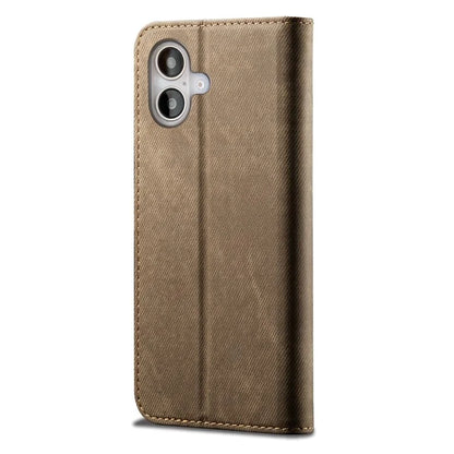 For iPhone 16 Plus Case Jeans Cloth Texture Anti-Scratch Leather Stand Phone Cover