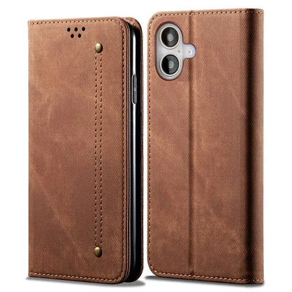For iPhone 16 Plus Case Jeans Cloth Texture Anti-Scratch Leather Stand Phone Cover