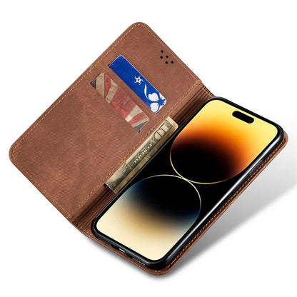 For iPhone 16 Plus Case Jeans Cloth Texture Anti-Scratch Leather Stand Phone Cover