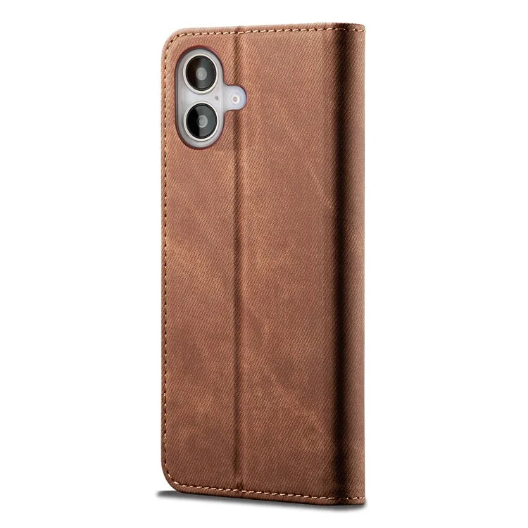 For iPhone 16 Plus Case Jeans Cloth Texture Anti-Scratch Leather Stand Phone Cover