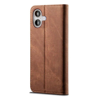 For iPhone 16 Plus Case Jeans Cloth Texture Anti-Scratch Leather Stand Phone Cover