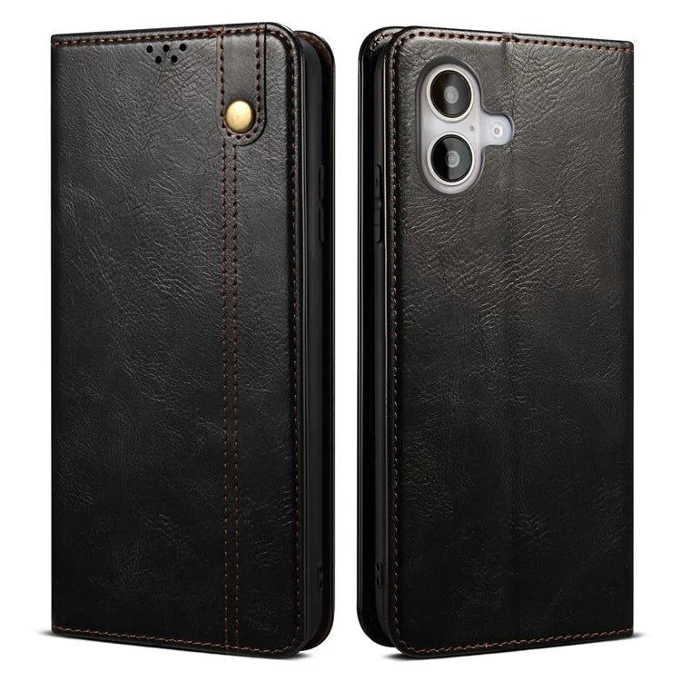 For iPhone 16 Plus Case Crazy Horse Texture Waxy Leather Wallet Stand Cover