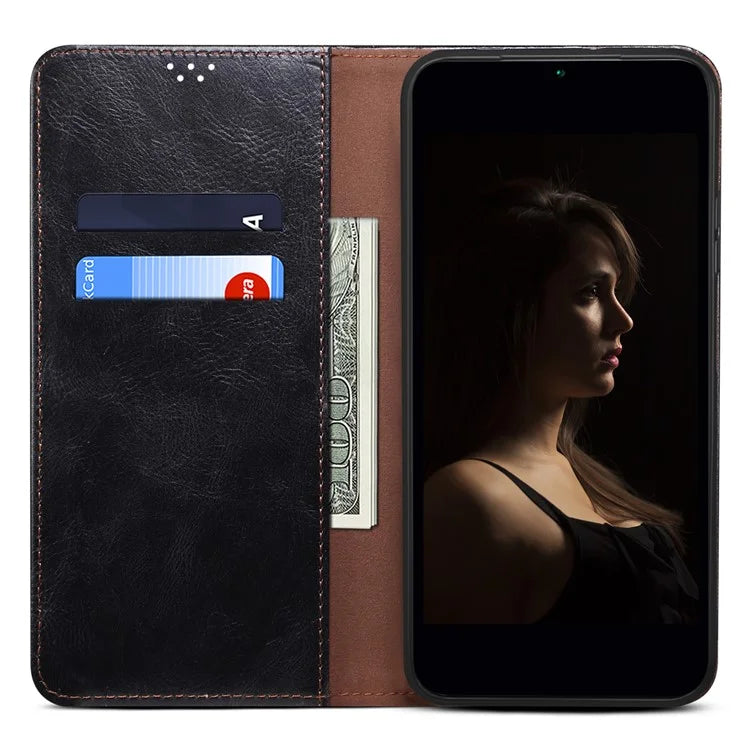 For iPhone 16 Plus Case Crazy Horse Texture Waxy Leather Wallet Stand Cover