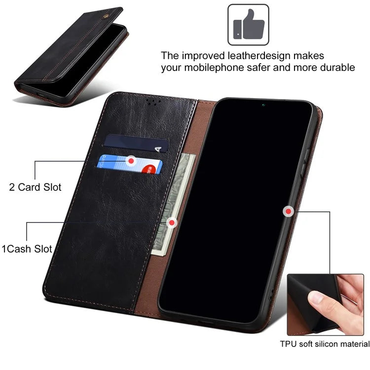 For iPhone 16 Plus Case Crazy Horse Texture Waxy Leather Wallet Stand Cover