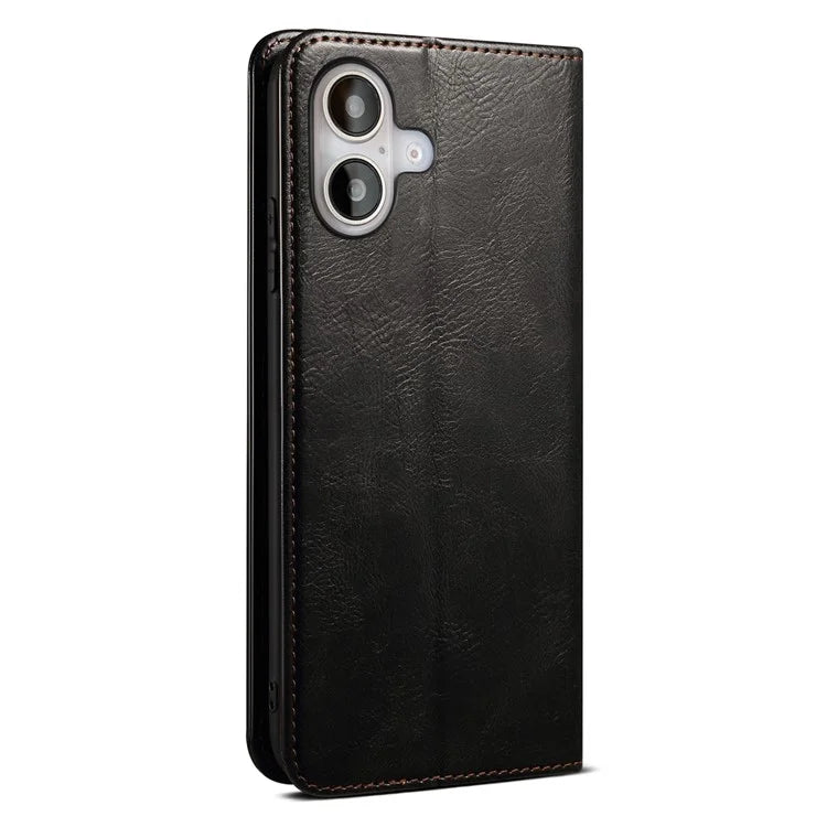 For iPhone 16 Plus Case Crazy Horse Texture Waxy Leather Wallet Stand Cover