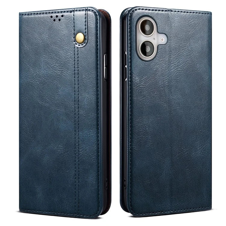 For iPhone 16 Plus Case Crazy Horse Texture Waxy Leather Wallet Stand Cover