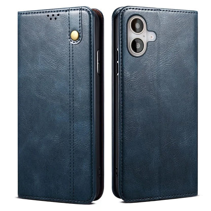 For iPhone 16 Plus Case Crazy Horse Texture Waxy Leather Wallet Stand Cover