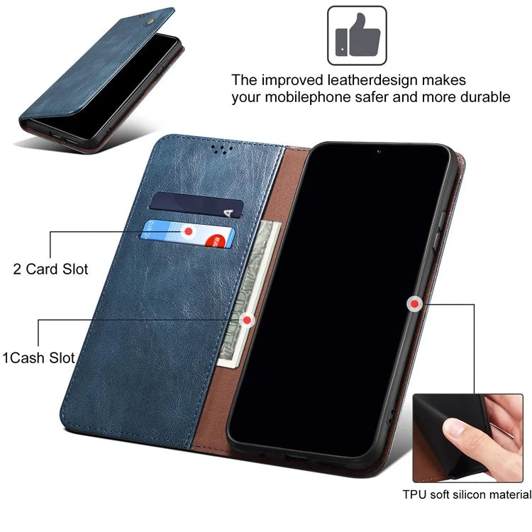 For iPhone 16 Plus Case Crazy Horse Texture Waxy Leather Wallet Stand Cover
