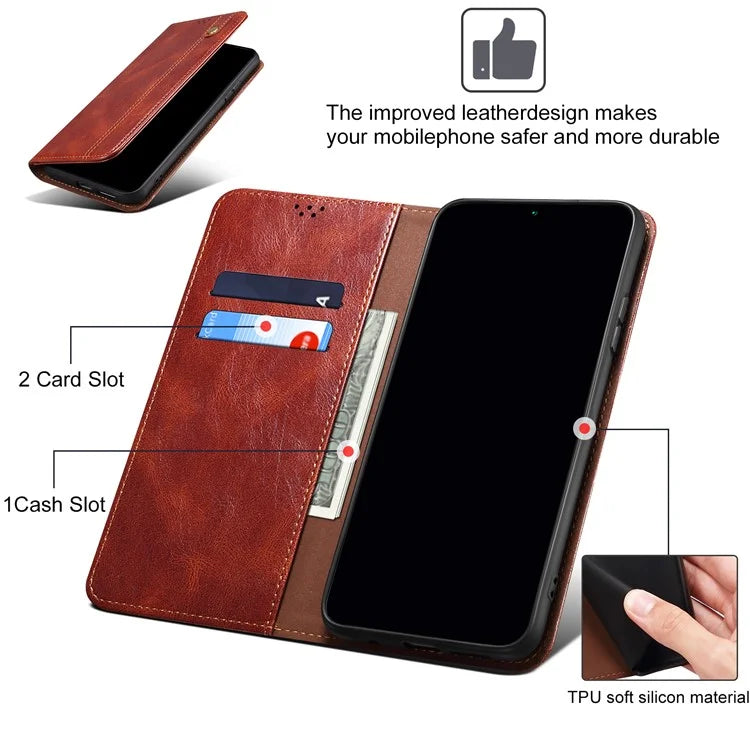 For iPhone 16 Plus Case Crazy Horse Texture Waxy Leather Wallet Stand Cover