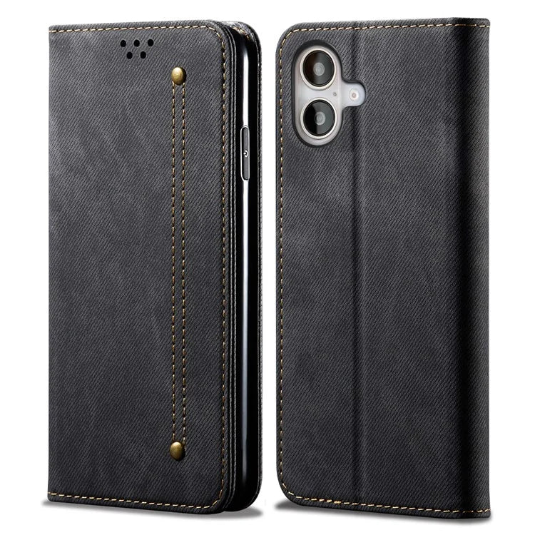 For iPhone 16 Case Jeans Cloth Texture Anti-Scratch Leather Stand Phone Cover