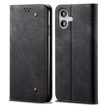 For iPhone 16 Case Jeans Cloth Texture Anti-Scratch Leather Stand Phone Cover