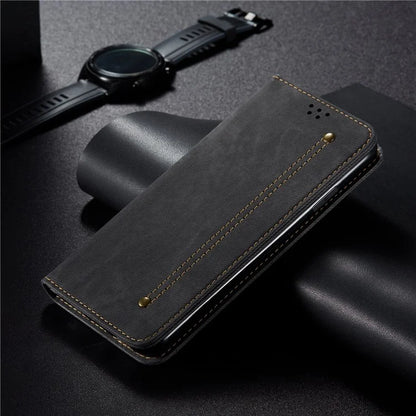 For iPhone 16 Case Jeans Cloth Texture Anti-Scratch Leather Stand Phone Cover