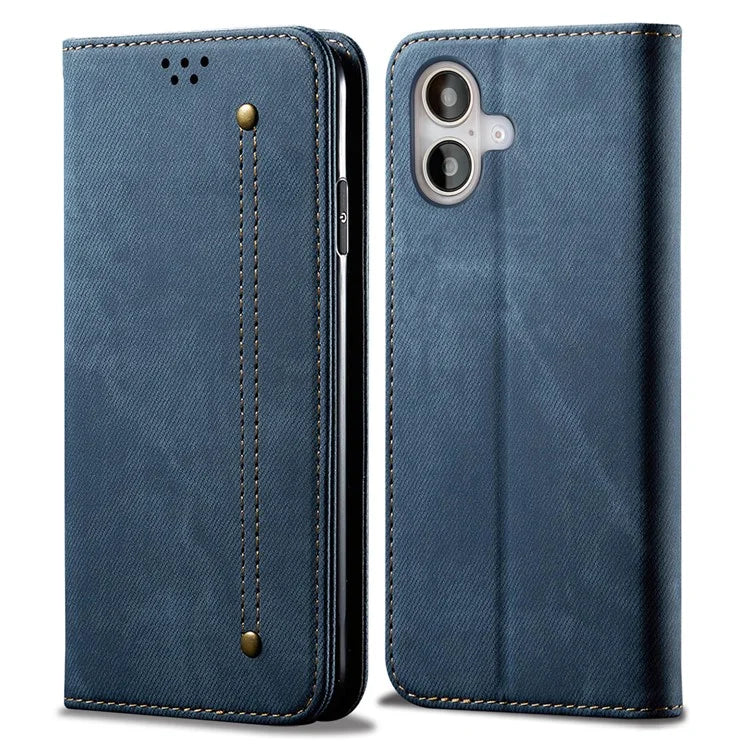 For iPhone 16 Case Jeans Cloth Texture Anti-Scratch Leather Stand Phone Cover