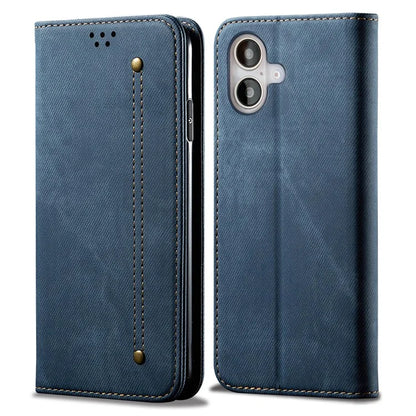 For iPhone 16 Case Jeans Cloth Texture Anti-Scratch Leather Stand Phone Cover