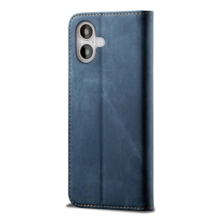 For iPhone 16 Case Jeans Cloth Texture Anti-Scratch Leather Stand Phone Cover