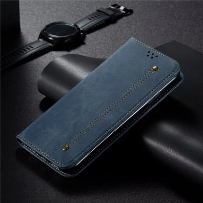 For iPhone 16 Case Jeans Cloth Texture Anti-Scratch Leather Stand Phone Cover