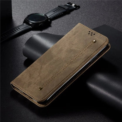 For iPhone 16 Case Jeans Cloth Texture Anti-Scratch Leather Stand Phone Cover