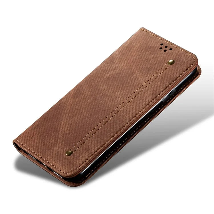 For iPhone 16 Case Jeans Cloth Texture Anti-Scratch Leather Stand Phone Cover