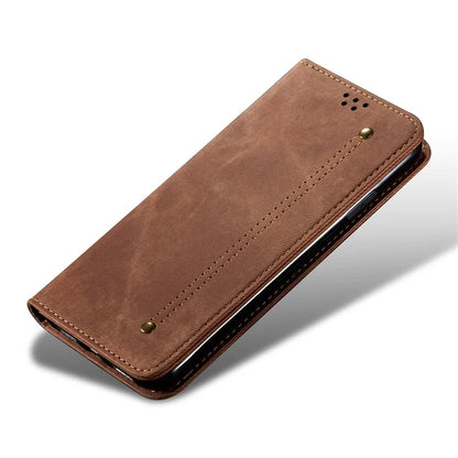 For iPhone 16 Case Jeans Cloth Texture Anti-Scratch Leather Stand Phone Cover