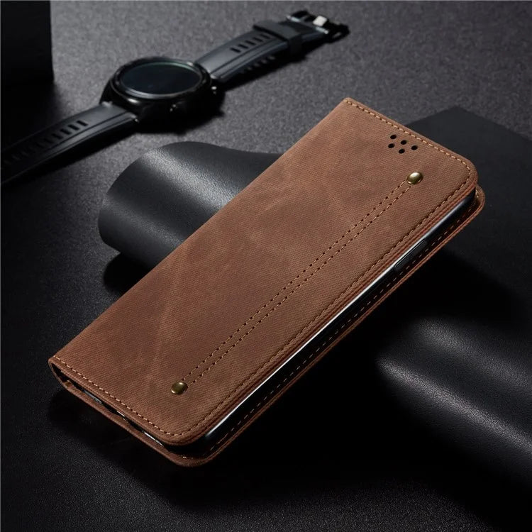 For iPhone 16 Case Jeans Cloth Texture Anti-Scratch Leather Stand Phone Cover